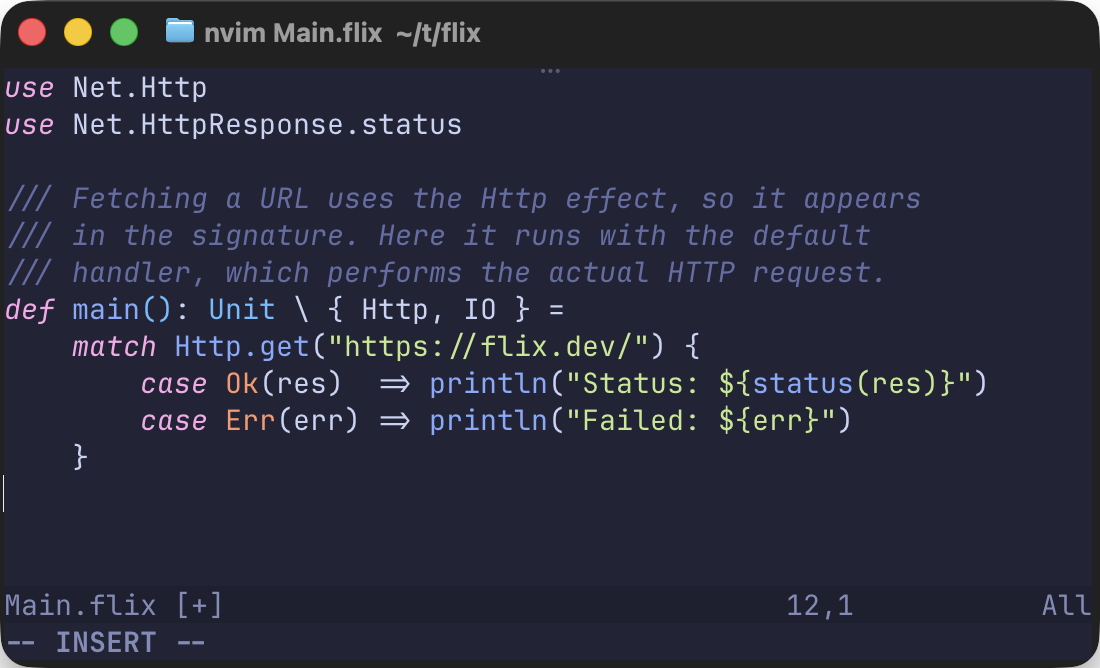 A Flix source file open in Neovim, coloured by the Flix language server
